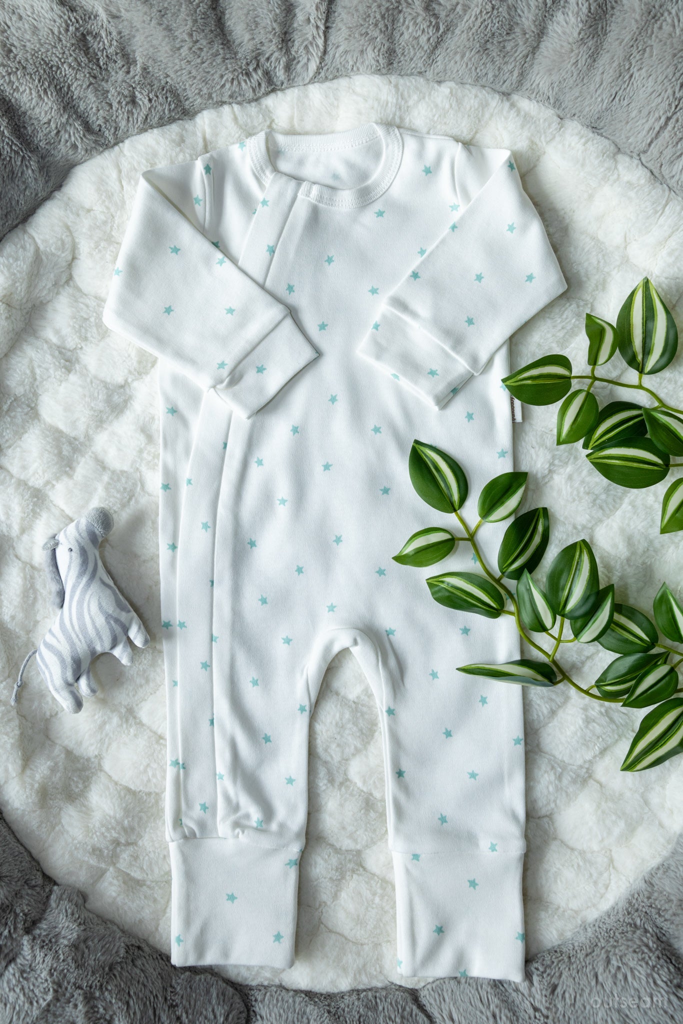 Outseam Romper - Mint Stars — soft cotton baby romper with outward seams